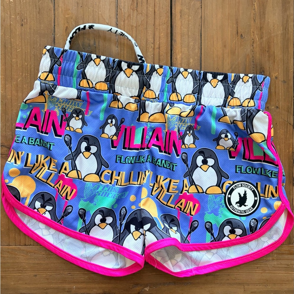Girls' Flow Society Penguin Print Athletic Shorts with Pink Trim - like new
